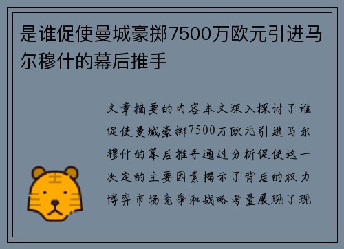 是谁促使曼城豪掷7500万欧元引进马尔穆什的幕后推手