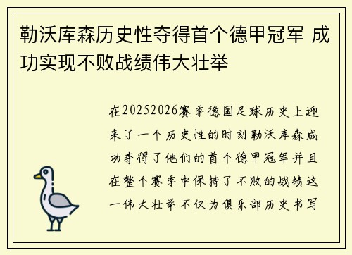 勒沃库森历史性夺得首个德甲冠军 成功实现不败战绩伟大壮举